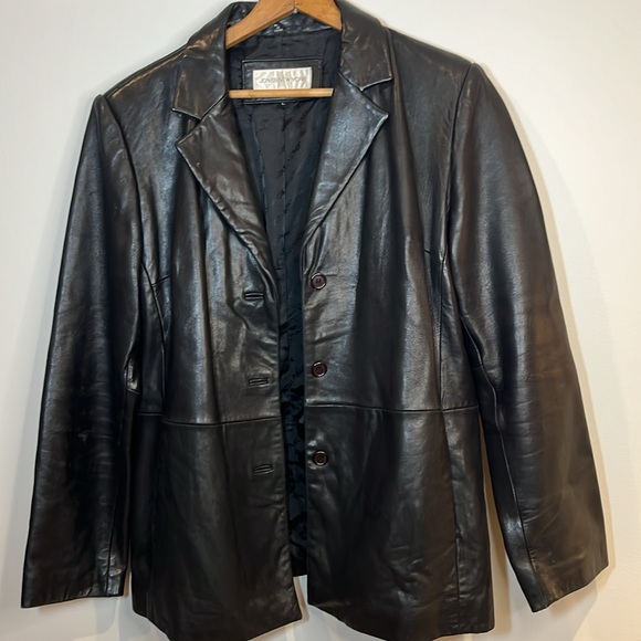 Vintage Women's Black Leather Jones New York Coat Jacket Blazer size lagre - Picture 2 of 11